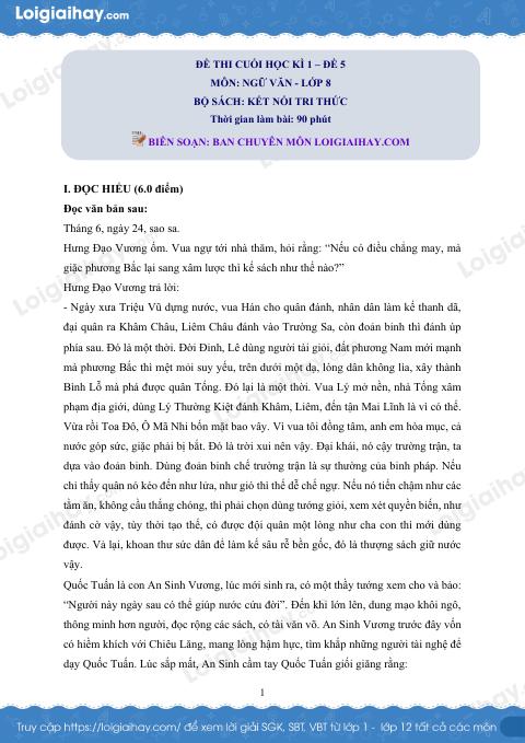 Đề thi học kì 1 Văn 8 Kết nối tri thức - Đề số 5